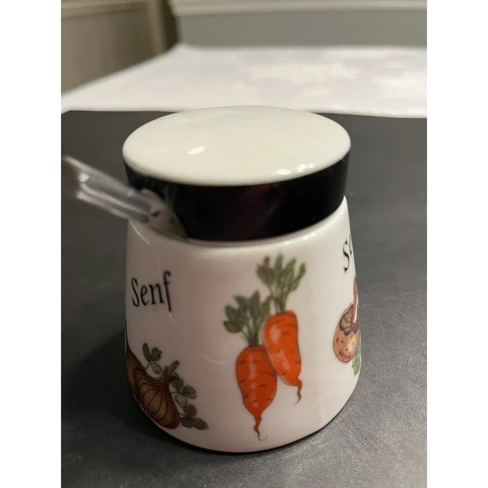 Gerold Porzellan Bavaria Mushroom Veggie Motif Condiment Jar w Lid & Spoon